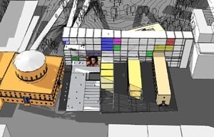 Vista aérea: Acesso principal em rampa proposto entre a Biblioteca projetada por Asplund, primeiro plano, os três anexos e edifício “lâmina” ao fundo. Em evidência, corte em diagonal dos anexos liberando visual da rua Odengatan para o prédio histórico