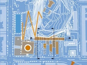 Implantação proposta para o conjunto: conexões com o Observatório e corte em diagonal dos anexos liberando visuais para o edifício histórico