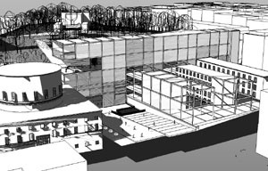 Conjunto Híbrido: ampliações e intervenções em “malha estrutural” aparente em contraposição aos “volumes” dos edifícios históricos. Ao fundo, Observatório no alto da colina