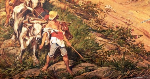 No canto esquerdo inferior da pintura, um trabalhador branco conduz carro de bois transportando toros de madeira. Pedro Américo, “Independência ou Morte” (detalhe), 1888<br />Imagem divulgação  [Museu Paulista da USP]