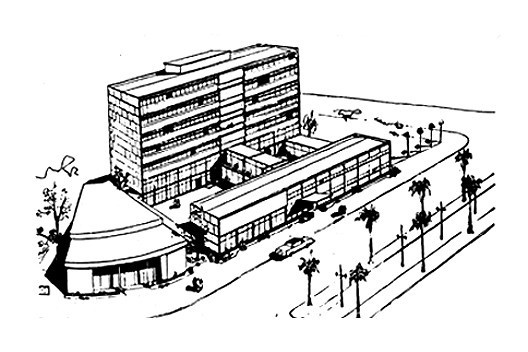 Perspectiva Faculdade de Arquitetura UFRGS, Demétrio Ribeiro, Plínio Almeida, Frederico Mentz, Emil Bered, Carlos M. Fayet, Leovegildo Paiva e Moacyr Moojen Marques (não incluído na fonte), 1953 [XAVIER, Alberto; MIZOGUCHI, Ivan. Arquitetura Moderna em Porto Alegre. São Paulo: Pini, 19]