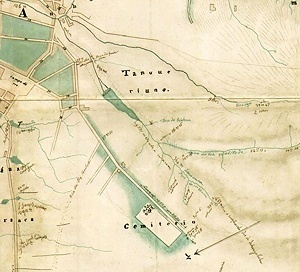 Detalhe do Mappa da Imperial Cidade de São Paulo, de Carlos Rath, 1855, com a localização do proposto Cemitério Municipal da Consolação, que seria inaugurado somente em 1868