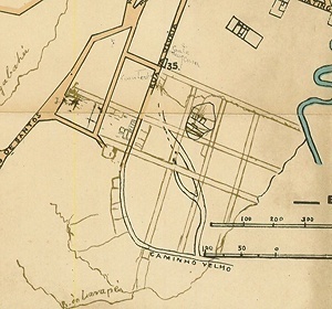 Detalhe do Mappa de Carlos Rath de 1868, com a localização do parcelamento dos terrenos da Santa Casa