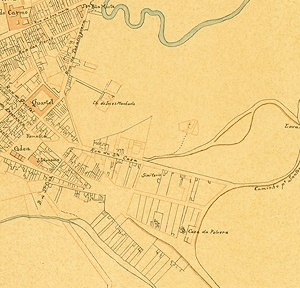 Detalhe do mapa da cidade de São Paulo, de 1844-1847, de Carlos Abraão Bresser, mostrando a região da Glória. Neste mapa percebe-se que a gleba pertencente à Santa Casa da Misericórdia, a oeste da Rua da Glória, ainda não estava urbanizada