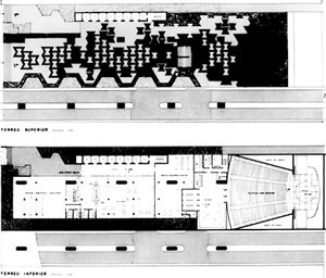 Acima, plantas do térreo superior; abaixo, térreo inferior, “meio nível” abaixo da avenida Paulista, contando com Biblioteca e Teatro. Destaque para a presença de apenas duas linhas de apoios e rua lateral de conexão entre a avenida Paulista e Alameda San [ANELLI, Renato; GUERRA, Abilio; KON, Nelson. Op. cit.]