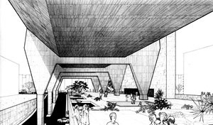 Praça “pública” com paisagismo de Burle Marx no térreo, “meio-nível” acima da Avenida Paulista. Na maquete, vemos a proposta original de duas linhas de apoios laterais com grande vazio central. Posteriormente, novos cálculos durante a obra indicaram a nec [ANELLI, Renato; GUERRA, Abilio; KON, Nelson. Op. cit.]