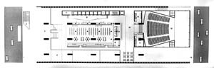 Pavimento inferior : hall de elevadores, Biblioteca e acesso ao Teatro. Nota-se o passeio da Avenida Paulista alargado e a terceira linha de apoios no centro [ARTIGAS, Rosa, op. cit]