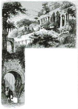 “Os jardins suspensos da Babilônia” em ilustração de D. Lancelot, publicada em História dos jardins, de Arthur Mangin, 1883 [KING, Ronald. The quest for paradise: a history of the world’s gardens. NY, Mayfowe, p. 23]