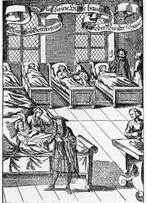 A prática da medicina em espaço não especializado (J. Ch. Thiemen, Haus-, Feld-, Koch-, Kunst-, etc Buch; Nürnberg 1682) [Wikimedia Commons; Disponível em: <commons.wikimedia.org> Acesso em 29 de set. 2007]