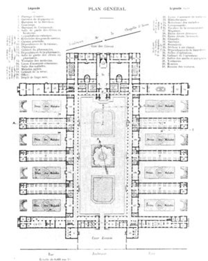 Planta do Hospital Lariboisière, em Paris; projeto de Gauthier de 1839 – estrutura espacial compartimentada e especializada [Assitance Publique Hôspitaux de Paris; Disponível em: <www.aphp.fr/site/diaporamas/archite]