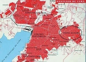 Imagen 1: Ciudad de Santiago de Cuba en la actualidad, donde se observa, hacia el Noreste, el reparto Vista Alegre