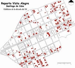 Imagen 2: Localización de las edificaciones del Movimiento Moderno, construidas en los años cincuenta, concentradas hacia las zonas periféricas Este y Sur del barrio