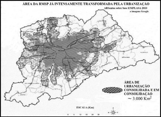 Área da RMSP já intensamente transformada pela urbanização. (ver nota 2)<br />ARSantos sobre base Emplasa de 2010 e interpretação de imagens Google 2011 