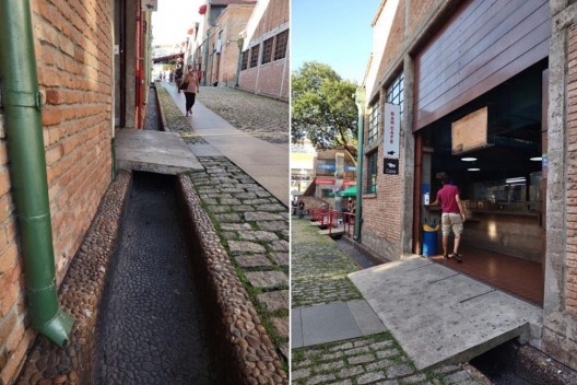Fotografias de uma das calhas-canal revestida com seixos rolados na rua interna do Sesc Pompéia e das passarelas-pontes sobre estes canais para acesso aos galpões<br />Foto Artur Simões Rozestraten, 2022 