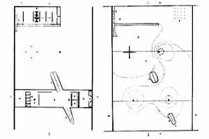 Pavilhão de Osaka, plantas nível térreo e sub-solo [MONTANER, Josep Ma. Mendes da Rocha. Lisboa, Blau, 1996. p. 32]