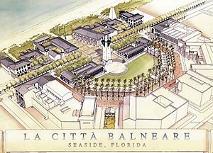 Fig. 20: O projeto de Leon Krier – Ópticos, para a Central Square, ainda não construído, demonstra como será a praça. Observar à esquerda o Dreamland Heights Hotel – segundo prédio formando o conjunto do anfiteatro [Ópticos Design Inc. Image file, 2005]