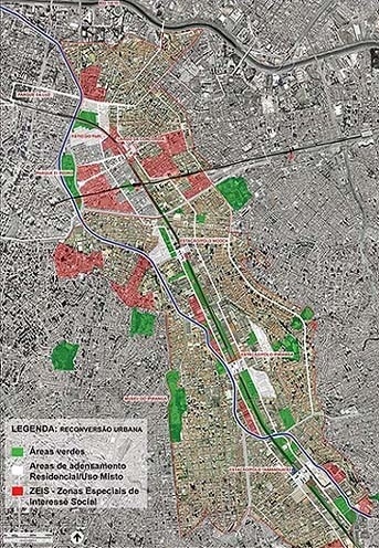 Operação Urbana Diagonal Sul. Perímetro e áreas prioritárias de reconversão urbana<br />Imagem do arquivo de SEMPLA/PMSP 