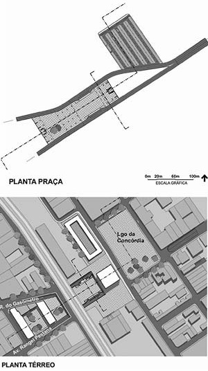 Operação Urbana Diagonal Sul. Plano-Referência de Intervenção e Ordenação Urbanística. Pólo transposição Concórdia: plantas nível térreo e inferior<br />Imagem do arquivo de SEMPLA/PMSP 