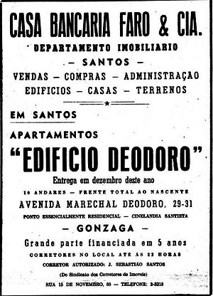 Material publicitário do BHLB, que assinala a presença de empreendimentos desse Banco em municípios, como Santos, no Estado de São Paulo [www.novomilenio.inf.br/santos/h0323b2.htm]