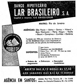 Material publicitário do BHLB, que assinala a presença de empreendimentos desse Banco em municípios, como Santos, no Estado de São Paulo [www.novomilenio.inf.br/santos/h0350a1957k.htm]