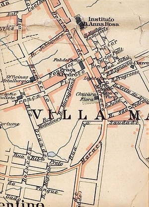 Planta de São Paulo do começo do século XX, localização do Instituto Dona Ana Rosa [PASSOS, Maria Lucia Perrone & EMÍDIO, Teresa. Desenhando São Paulo mapas e literatura 1877]