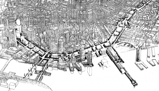 Figura 5 – Projeto conceitual de Ricardo Bofill para a faixa de domínio da via expressa, uma das diversas idéias do final dos anos 80 [In Process # 97, 1991]