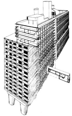 Desenho da “Unité d’Habitation” em Marselha (1947-1952), projetada por Le Corbusier [FRAMPTON, Kenneth.História crítica da arquitetura moderna. São Paulo, Martins Fontes, 1997]