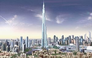Burj Dubai. Esta torre fenomenal, cuja construção começou em janeiro de 2005 e que terminará no final de 2008, deverá atingir uma altura de 800 metros. O edifício, construído em três partes em torno de uma coluna central acaba em espiral. Terá 160 andares