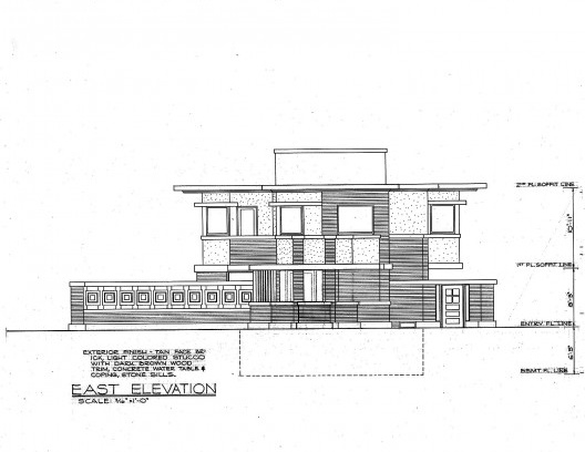 Emil Bach House, elevação leste, North Sheridan Road, Chicago, Estados Unidos, 1915. Arquiteto Frank Lloyd Wright<br />Redesenho J. William Rudd, 1965  [Library of Congress / U.S. Government]