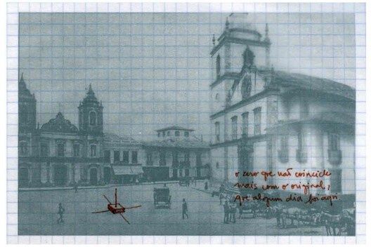 Bel Falleiros, Marco Zero, São Paulo, 2013, caneta nanquim sobre papel vegetal sobre foto<br />Divulgação 