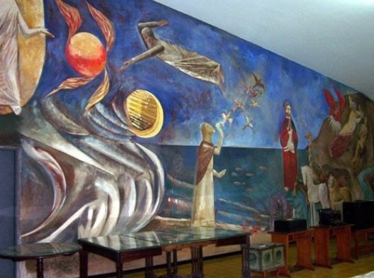 Educandário Dom Silvério, detalhe do afresco “A Criação do Mundo” de Emeric Marcier, no interior da antiga Capela São José, hoje utilizada como museu, Cataguases, 1954<br />Foto Marcia Poppe, 2003 
