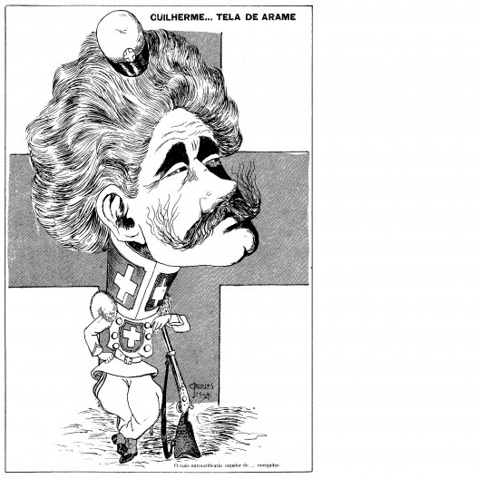 “Guilherme... Tela de Arame”, caricatura de Oswaldo Cruz por J.Carlos<br />Domínio público  [Revista <i>Tagarela</i>, ano 3, n. 129, 11 agosto 1904, p 12]