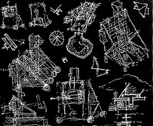 John Hejduk: desenhos para construção das máscaras. (Lancaster/Hannover Masque 1982-1983, La Mascara de la Medusa Buenos Aires 1998) [Fundación Proa. The Mask: Arquitectura experimental de John Hejduk, 1998. http://www.proa.]