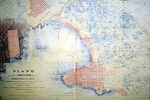 Cidade território no início da República. Nuevo Plano de Montevideo Capital de la República Oriental del Uruguay y de sus alrededores hasta el Paso del Molino, el camino de Larrañaga … 1867. Agrimensor P. D’Alberas. 65 x 91 cm. Copias litográficas do Muse