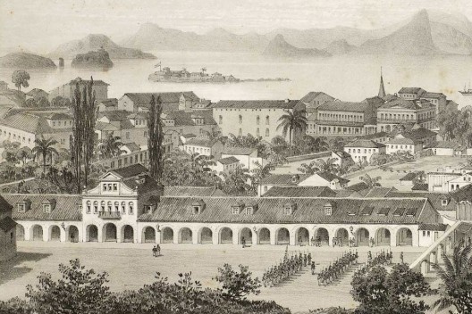 Panorama da cidade de Rio de Janeiro, tomada do morro de Santo Antonio a vôo de passaro (detalhe)<br />Gravura de Philippe Benoist, 1854  [Biblioteca Nacional Digital do Brasil]