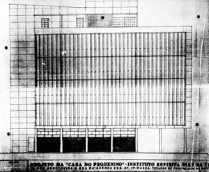 Fachada oeste da Casa do Pequenino (1947) na proposta original, de Holanda Mendonça [Arquivo Público Municipal de Porto Alegre, microfilme n. 197]