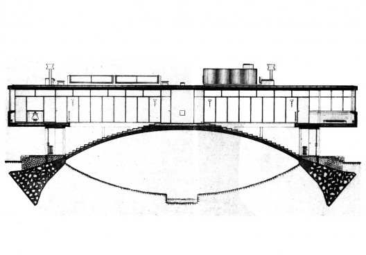 Casa ponte (Casa sobre o arroio), corte longitudinal, Mar del Plata, 1947. Arquiteto Amancio Williams<br />Imagem divulgação 