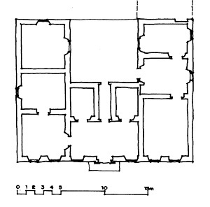 Planta baixa da casa do Brigadeiro Tobias, também chamada Passa-três, em Sorocaba.  [desenho do autor a partir de Carlos A. C. Lemos, Notas sobre a arquitetura tradicional em ]