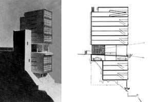 Figura 10 – Le Corbusier, Edifícios para alugar em Argel, Projeto Ponsik, 1933. O pilotis junto ao acesso da edificação possibilita manter as visuais naturais existentes  [MONTEYS, Xavier. Le Corbusier. Obras e projectos. Barcelona, GG, 2005, p. 97]