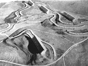Figura 11 – Le Corbusier, Durand, 1933. As pequenas edificações acompanham a desenho natural do terreno, enquanto que os grandes blocos repousam em platôs horizontais [Le Corbusier – Suite de l´oeuvre complete 1929 – 1934, Zurich, 10ª ed., 1984, p. 160]