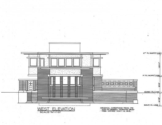 Emil Bach House, elevação oeste, North Sheridan Road, Chicago, Estados Unidos, 1915. Arquiteto Frank Lloyd Wright<br />Redesenho J. William Rudd, 1965  [Library of Congress / U.S. Government]