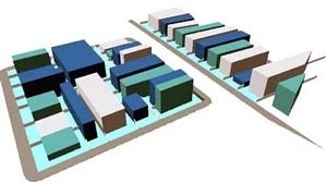Simulação de implantação total do Plano Diretor em uma zona de Pelotas. As novas normas urbanísticas são aplicadas sobre a estrutura do quarteirão [arquivo do autor]