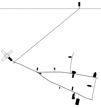 Esquema de organización de los pabellones a lo largo de las vías estructurantes de la ciudad [dibujo de la autora]