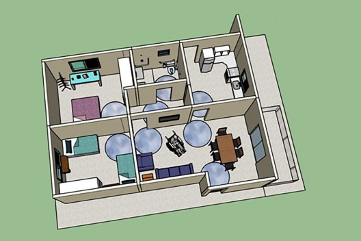 Dois estágios de desenvolvimento do trabalho: o modelo 3D da casa Cohab e um estudo preliminar para a provisão de suficientes espaços funcionais<br />Elaboração Gabriela Ferreira e Amanda Gava  [Acervo disciplina “Casas e seus lotes” (UFMG)]