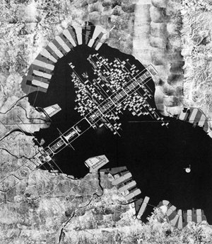 Kenzo Tange, Projeto para Baía de Tóquio, 1960 [BANHAM, Reyner. Megastructuras. Futuro urbano del pasado reciente, Barcelona, Gustavo Gili]