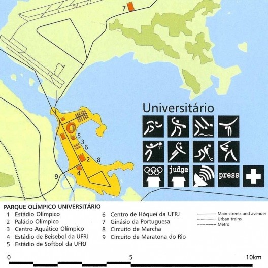 Parque Olímpico Universitário, detalhe, mapa geral das instalações olímpicas na candidatura Rio 2004<br />Imagem divulgação  [Rio 2004, Rio de Janeiro candidate to host the XXVIII Olympic Games in 2004, v.2, 1996]