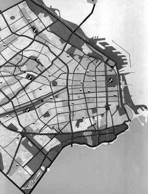 Plano Director de Buenos Aires, sección. Plano que incorpora diversas iniciativas previas de proyectos del Ing. Della Paolera y Le Corbusier, entre otros. Reproducción parcial, en blanco y negro, a partir de plano color en: MUNICIPALIDAD DE LA CIUDAD DE B [MUNICIPALIDAD DE LA CIUDAD DE BUENOS AIRES, Organização do Plano Regulador. Buenos Aires:]