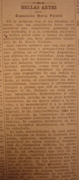 Notas dedicadas a la inauguración de la “Muestra Personal de arquitectura del Arq. Mario Palanti”. La Prensa 6 de noviembre de 1916. Biblioteca Dardo Rocha, Universidad Nacional de La Plata