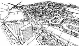 Concurso para o Bairro Novo em São Paulo prevê a substituição dos antigos pavilhões industriais por um denso bairro residencial. Imagem da proposta vencedora do concurso. Autores: arqs. Euclides Oliveira, Dante Furlan e Carolina de Carvalho [www.vitruvius.com.br/institucional]