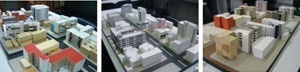 Maquetes que apresentam o resultado do exercício realizado e os 3 trechos trabalhados pelos estudantes, formando o novo eixo residencial de apoio às atividades produtivas previstas para o 4º Distrito [Acervo da disciplina]